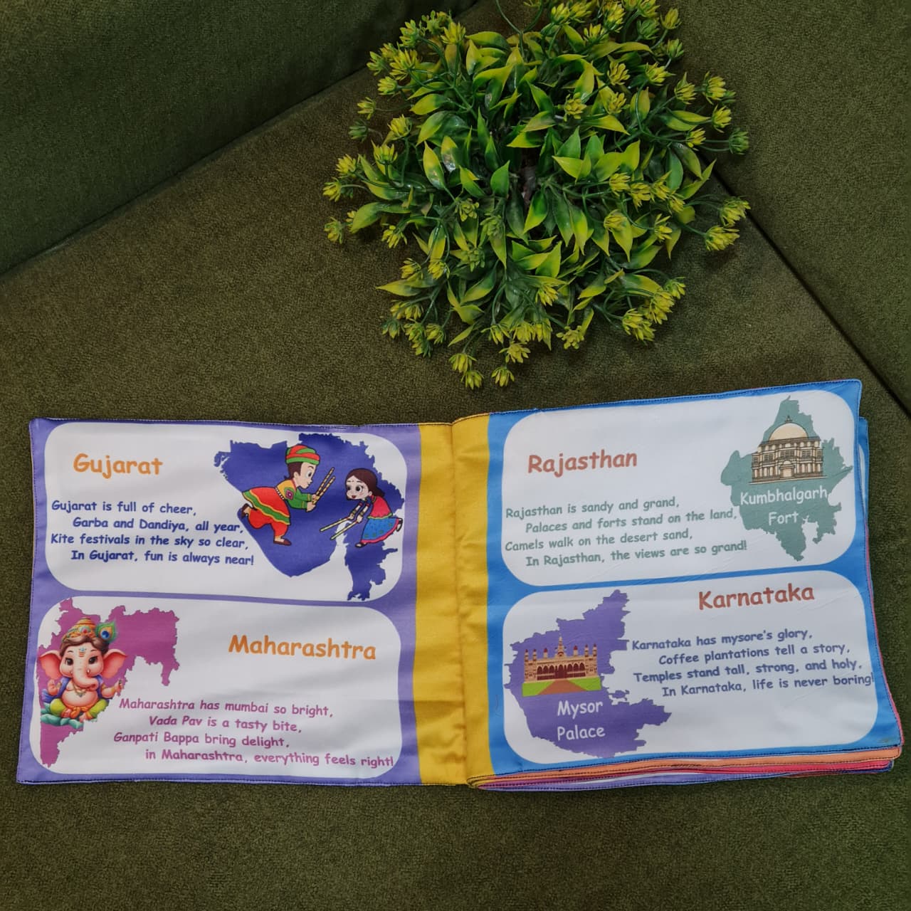 "The Land of Many States" fabric book by Kidogen, showcasing an Indian map, traditional dancers, temples, Ganesha, and a boat, with the brand logo.